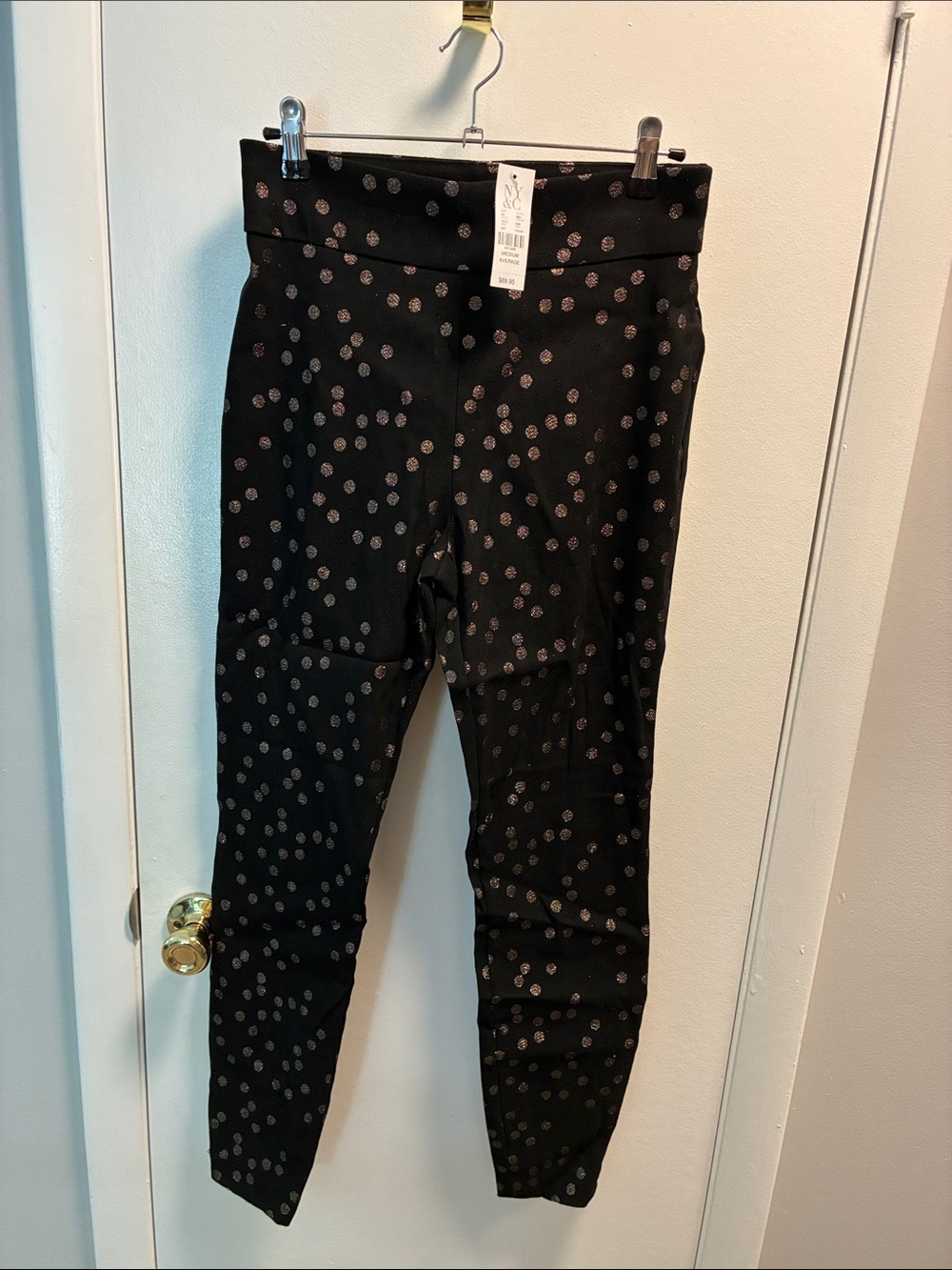 New York & Company Black Leggings with Metallic Dot Print